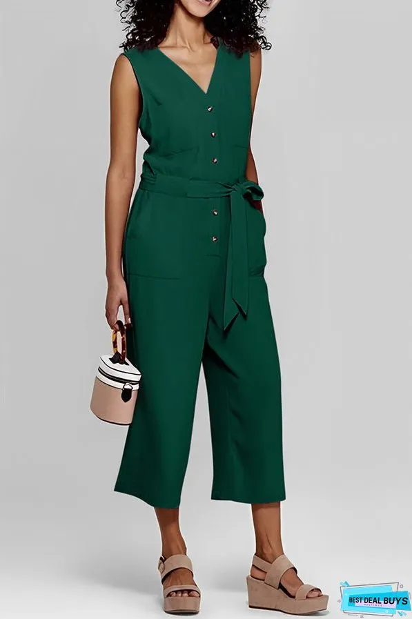 Buttoned Sleeveless Cropped Jumpsuit With Sash