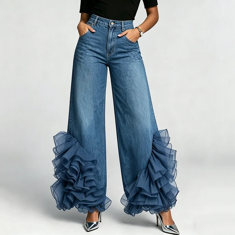 Women's Wide-leg Denim Jeans With Mesh Ruffles Ã¢ÂÂ A Highly Stylish Design