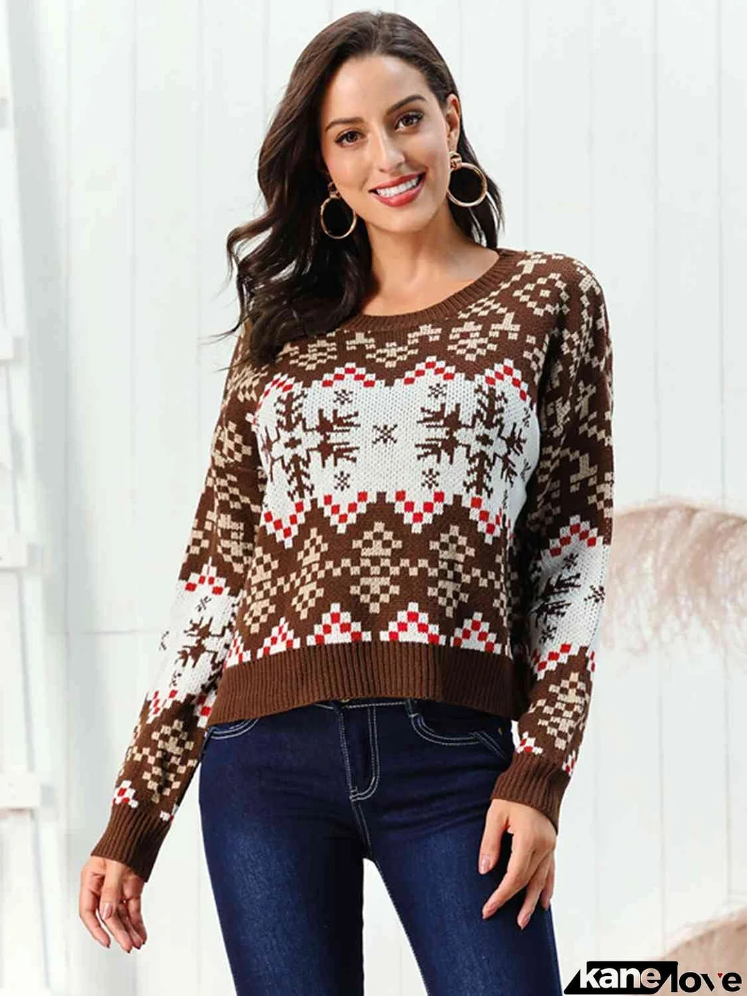 Snowflake Pattern Round Neck Sweater