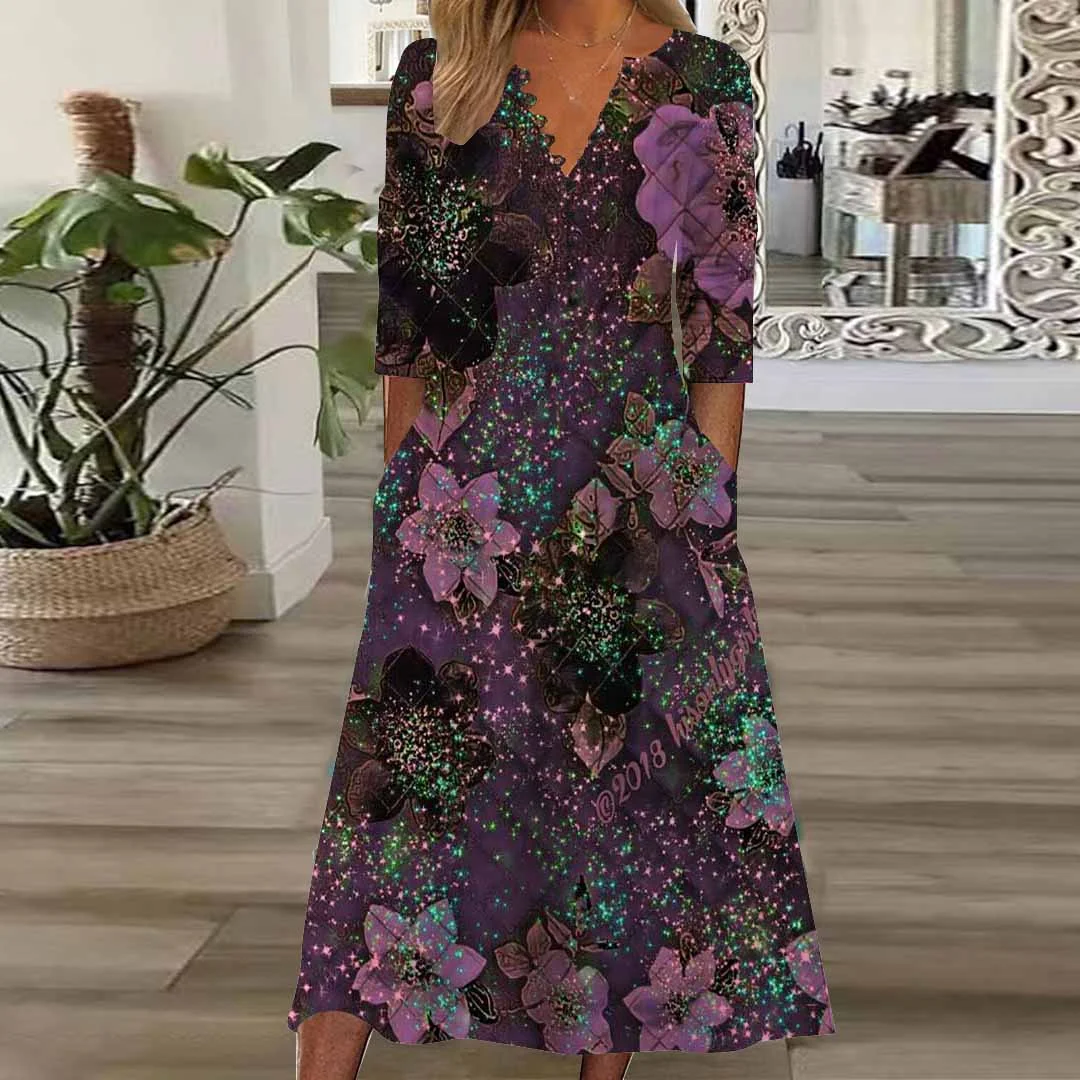 Women Floral,Purple DZHB8375 Long Sleeve V-Neck Graphic Printed Midi Dress