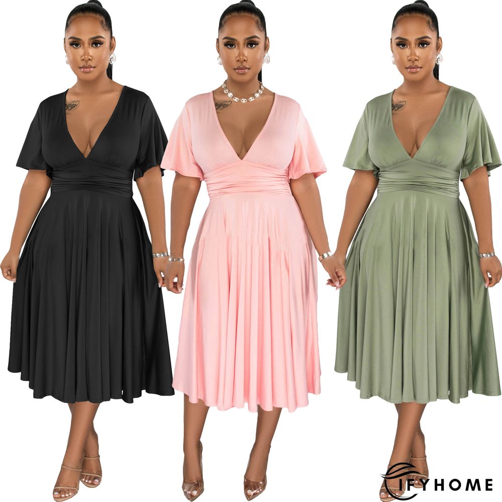 Fashion Solid Color V-neck Short-sleeved Waist Pleated Dress | IFYHOME