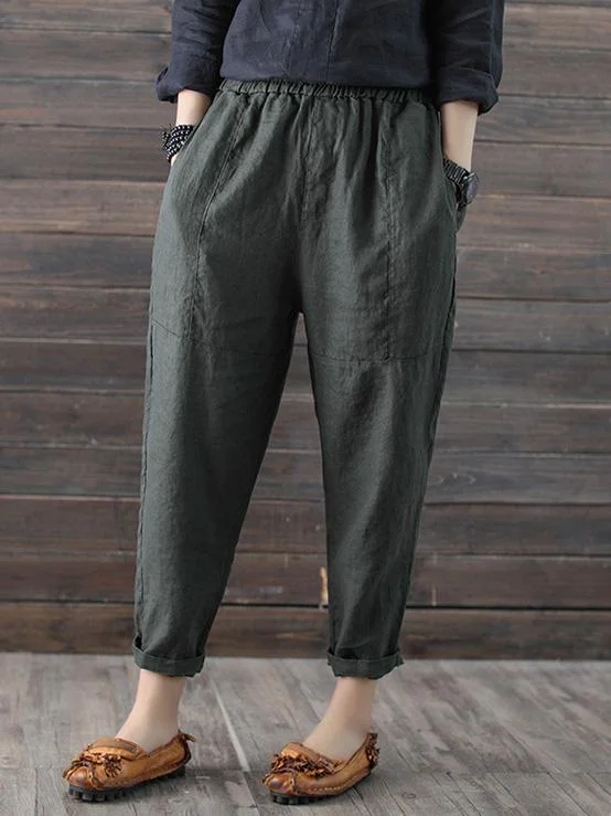 Loose Elastic Waist Ramie Cotton Pants