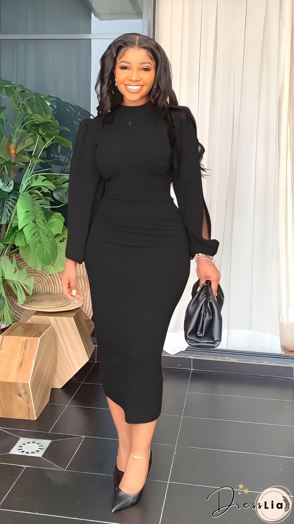 Elegant Solid Lantern Sleeve Maxi Pencil Dress