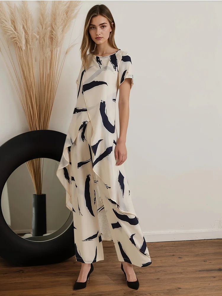 Asymmetrical Short-Sleeve Top With Artistic Print And Long Pants, A Two-Piece Summer Set