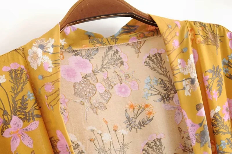 Fitshinling Vintage Autumn Kimono Print Floral Bohemian Flare Sleeve Cover-Up With Sashes Holiday Slim Long Cardigan Women Sale