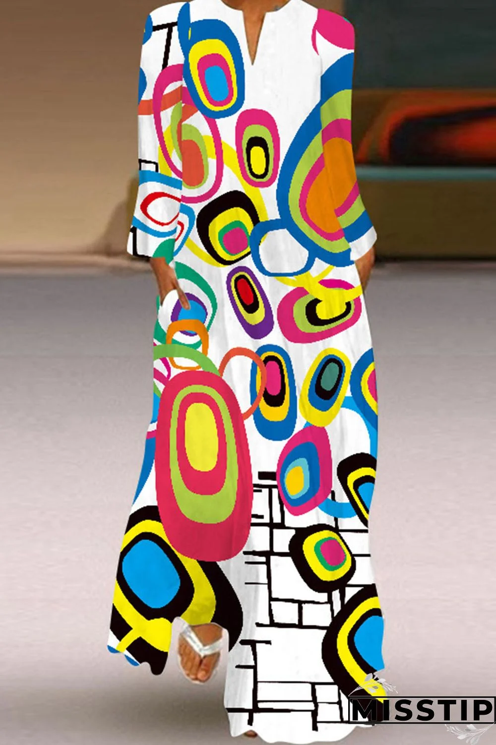 White Vintage Elegant Print Patchwork V Neck Straight Dresses