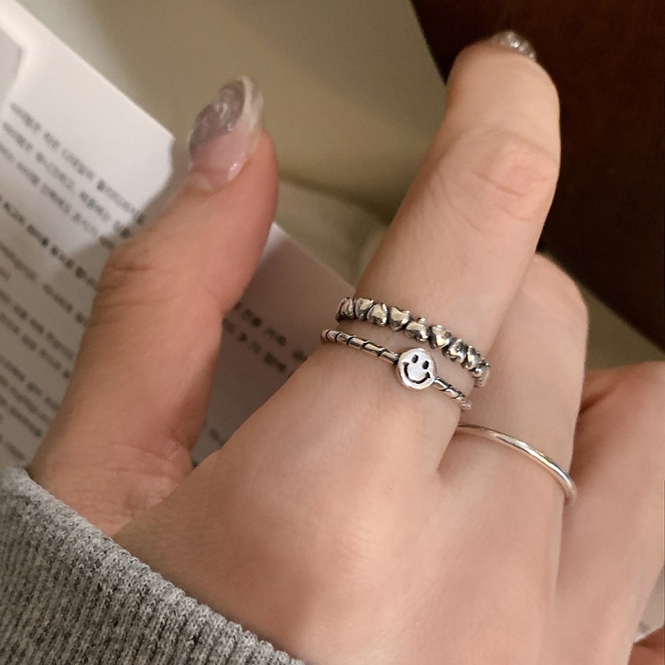 Korean style minimalist distressed Thai silver double-layer smiley face ring for women light luxury high-end index finger ring unique and niche open ring