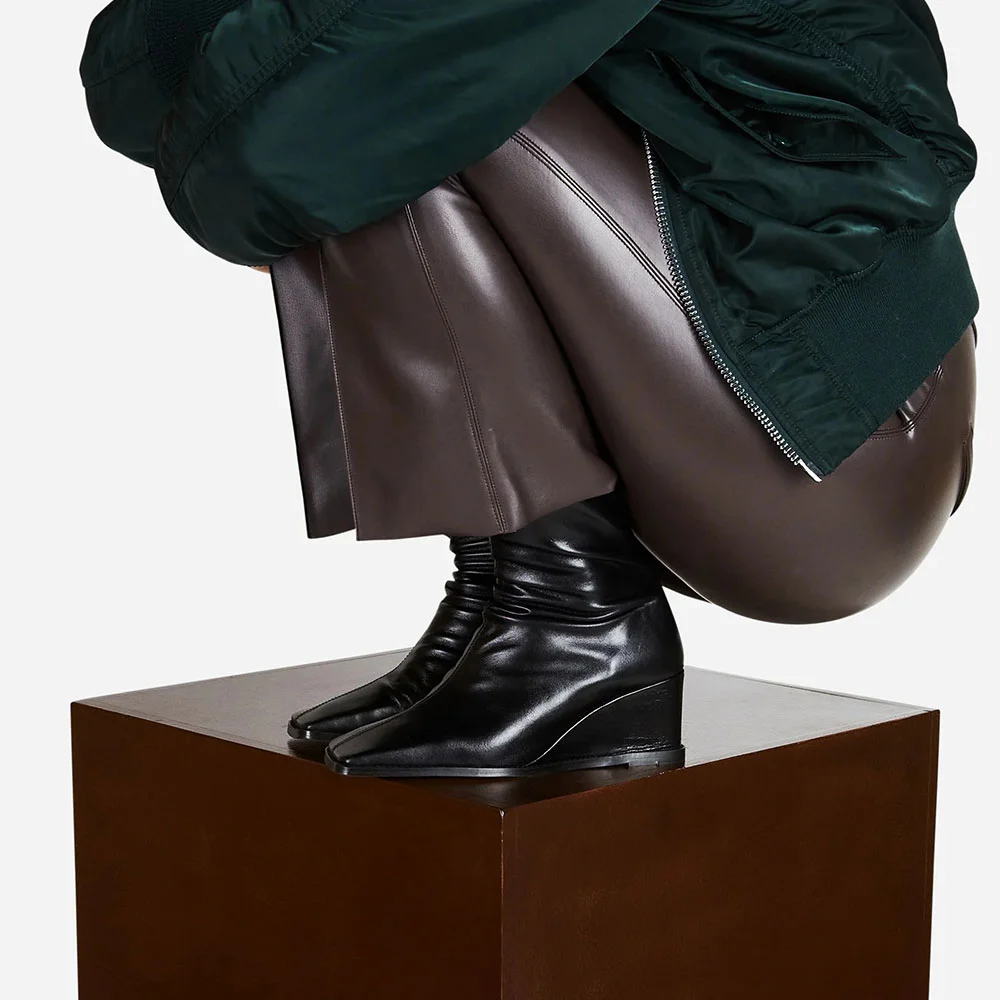 Short Elegant Black Square Toe Zipper Wedge Heel Booties for Women