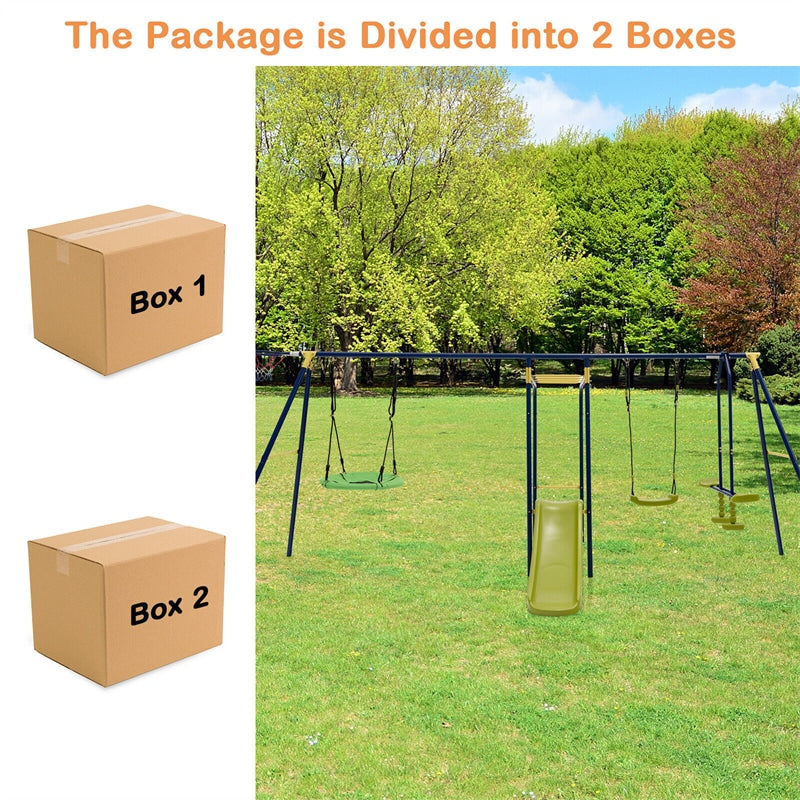 660 lbs Kids Swing Sets 7-in-1 Heavy Duty Backyard Swing Set Outdoor Playset with 2 Swings Glider Basketball Hoop Slide Gym Rings