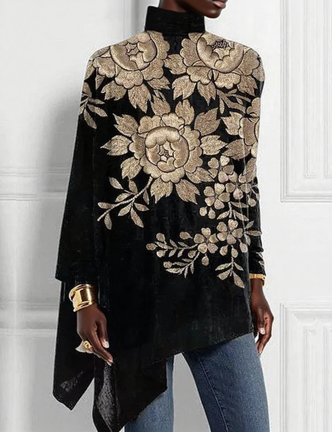 Embroidered Golden Rose Print Half Turtleneck Hem Top