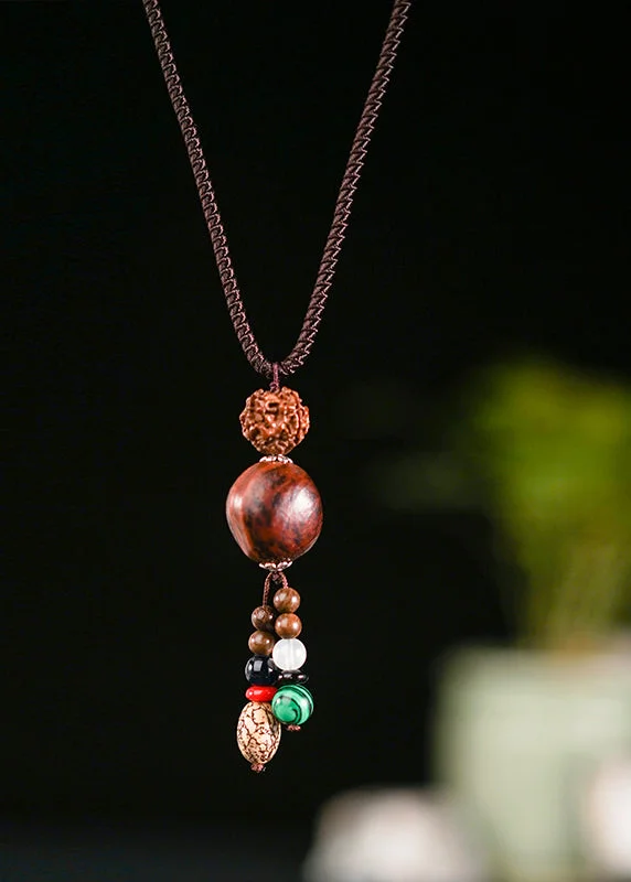 DIY Brown Hand Knitting Agate Walnut Wenge Bodhi Pendant Necklace