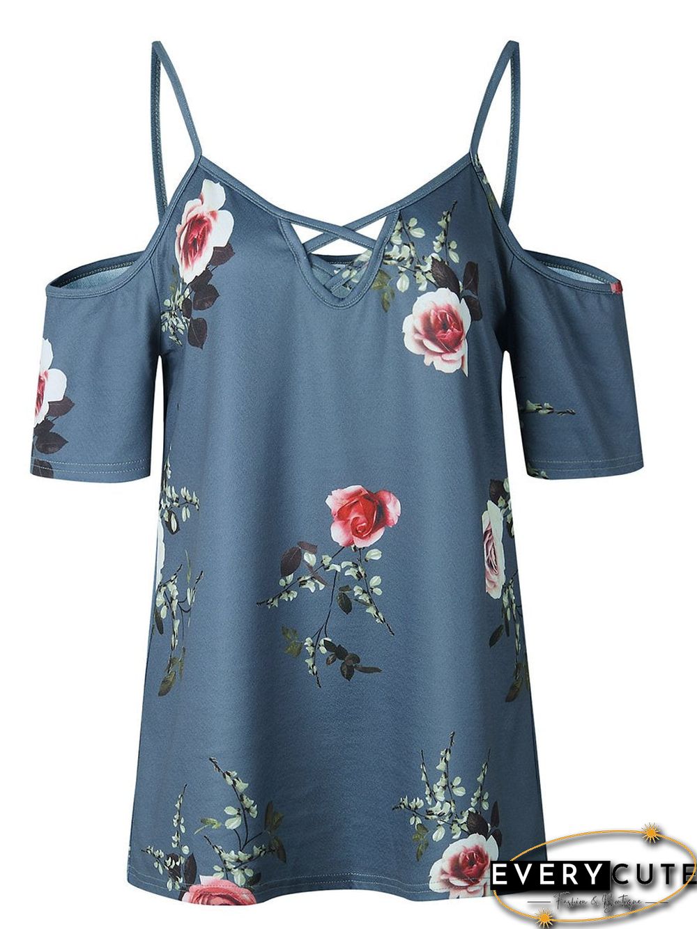 Cold Shoulder Straps Short Sleeves Floral T-Shirt Top