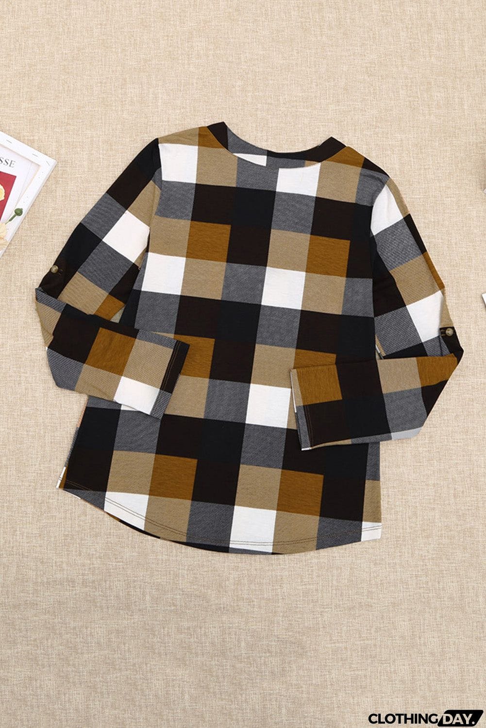 Contrast Plaid V Neck Long Sleeve Top