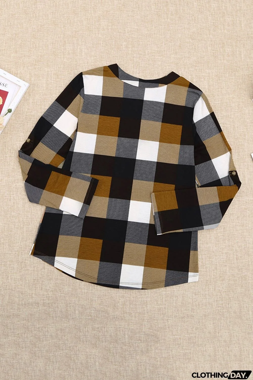 Contrast Plaid V Neck Long Sleeve Top