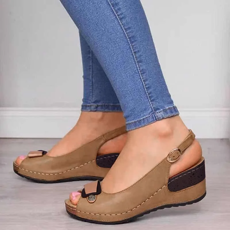 Women's Sandals Summer Wedge Heel Peep Toe PU Leather Buckle Khaki Gray | IFYHOME