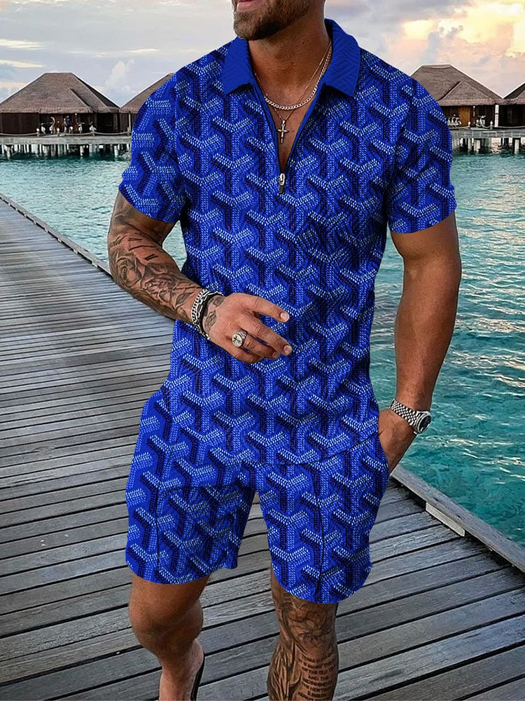 Men's Fashion Printed  Zip Polo Shirt and Shorts Two-Piece Suits