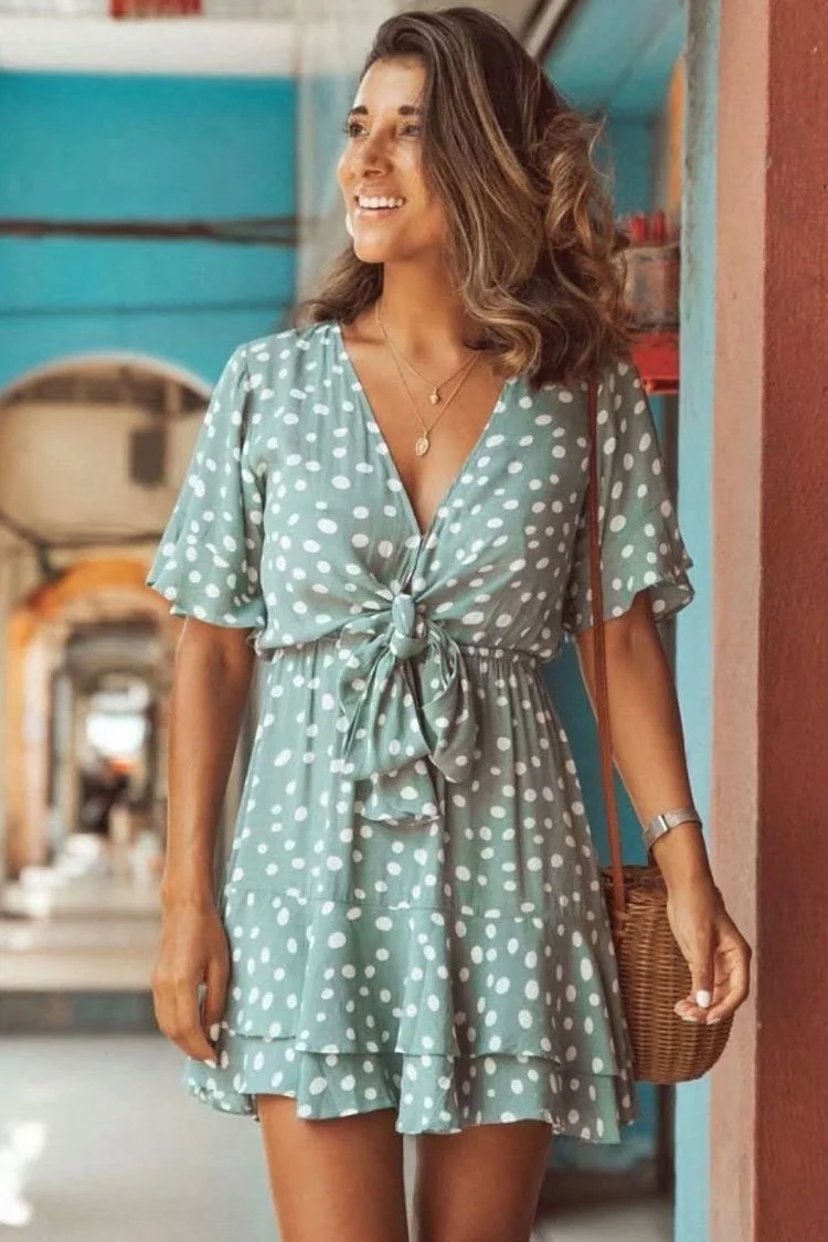 Ruffle Polka Dot Tie Front Beach Mini Dress-elleschic