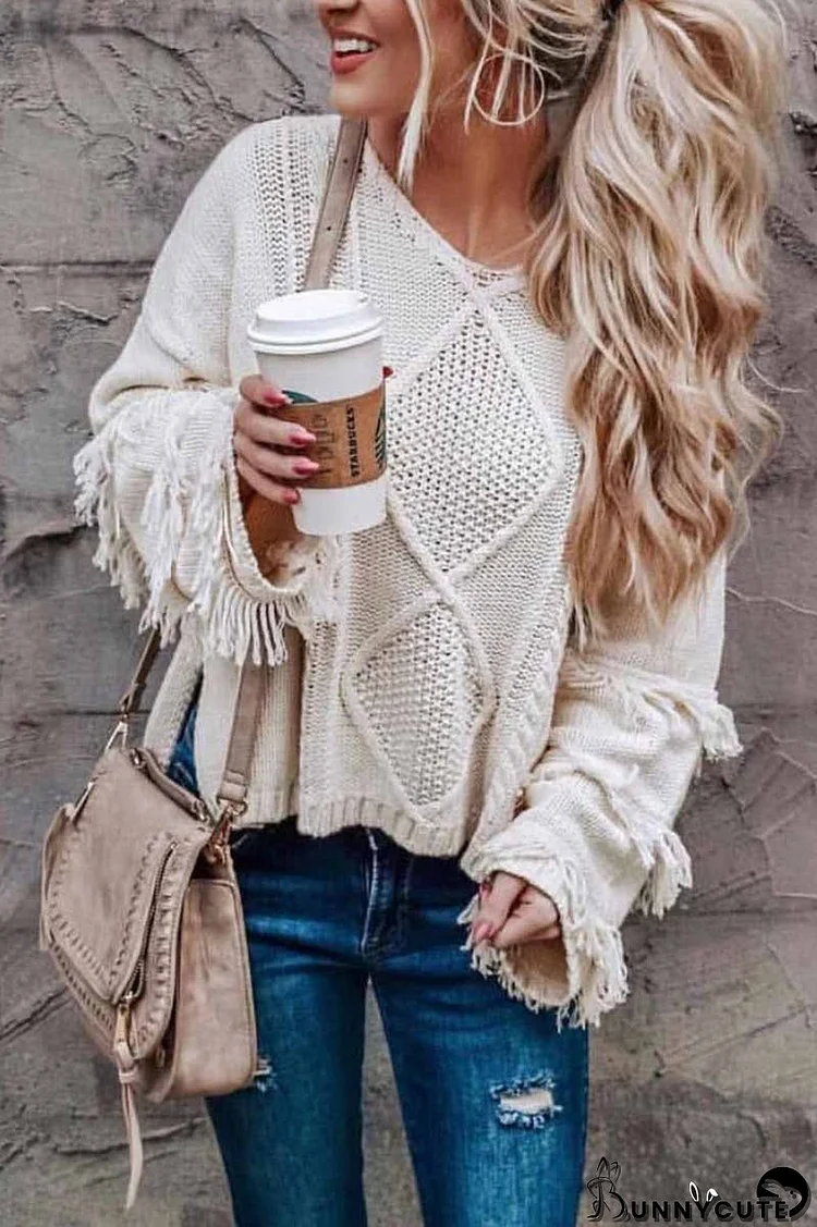 Solid Color Knitted Tassel Sweater