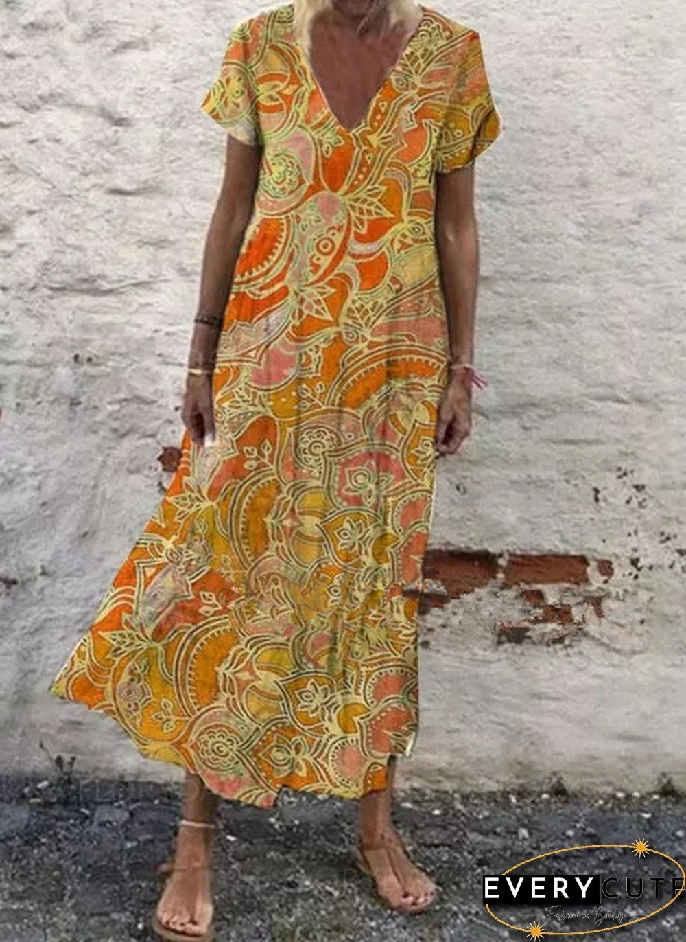 V-neck Short Sleeve Long Dress for Women