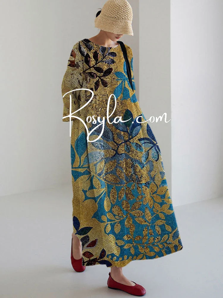 Women's Colorful Leaves Print Long Sleeve Midi Dress Dress