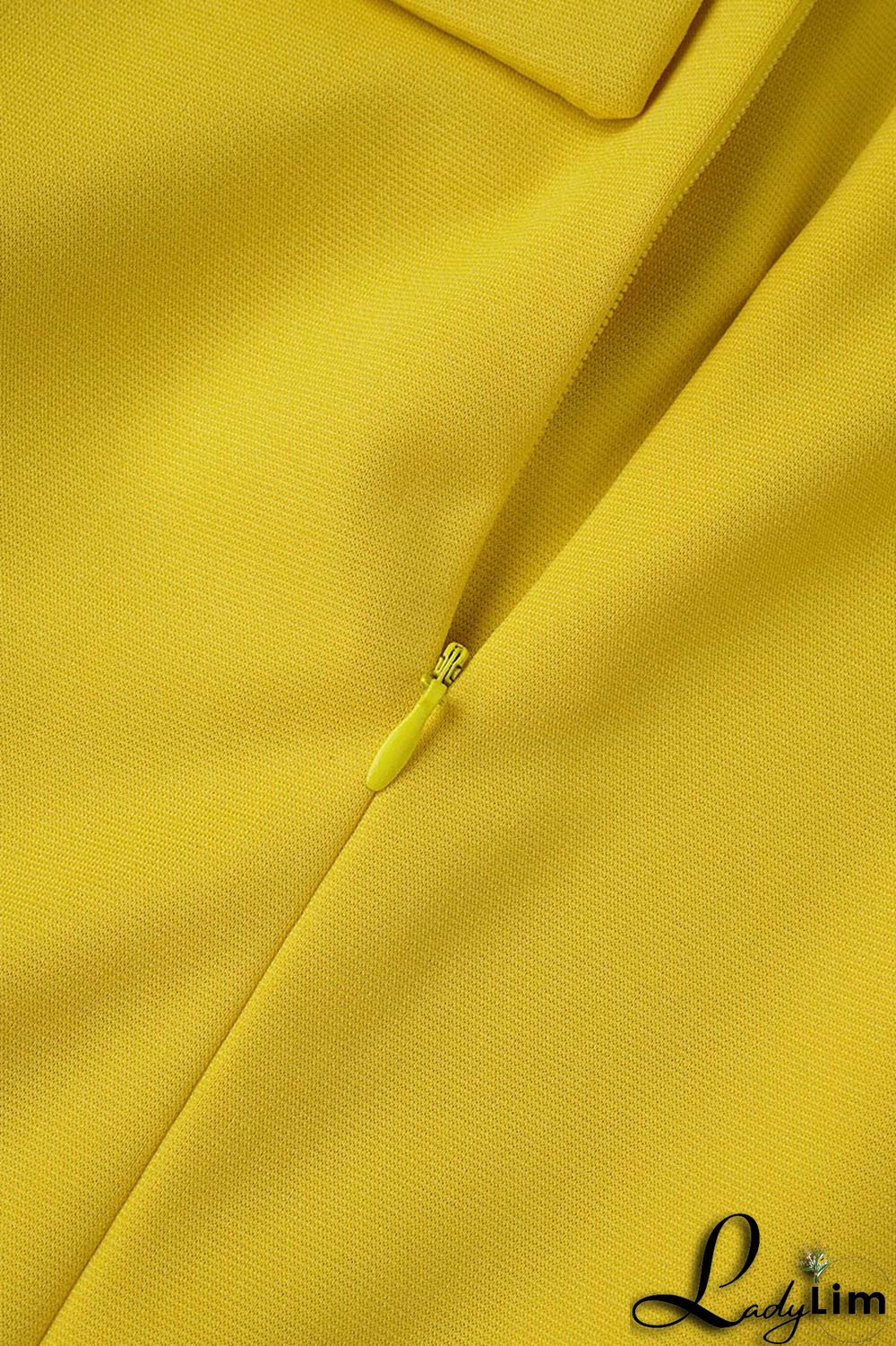 Yellow Casual Elegant Solid Flounce Zipper O Neck Wrapped Skirt Dresses