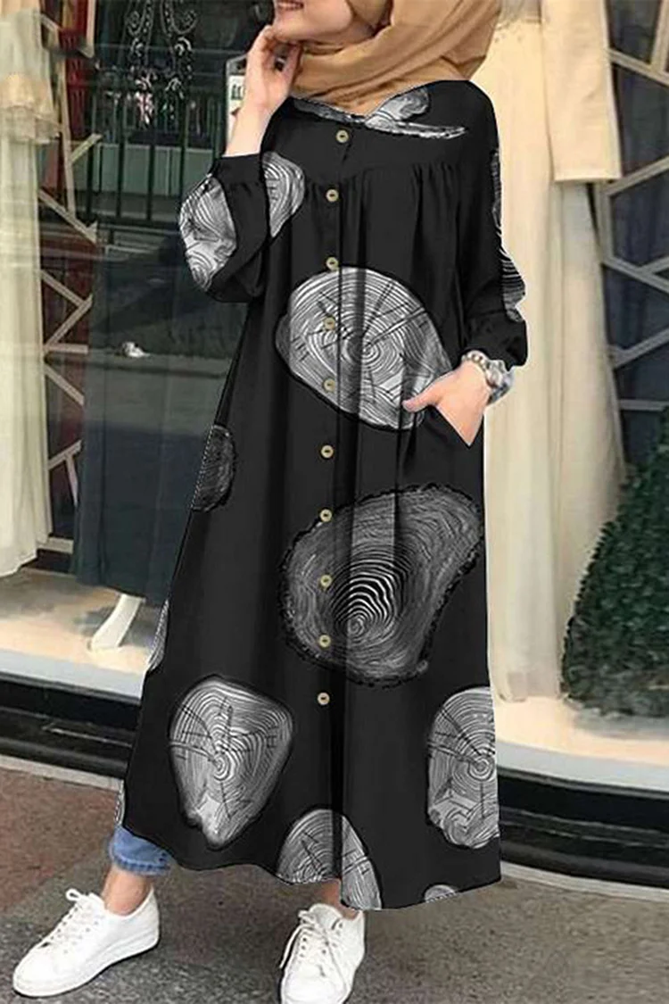Vintage Geo Leopard Pattern With Pockets Long Sleeve Maxi Dress