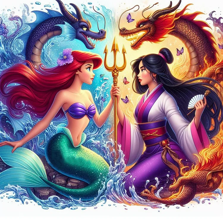 Disney Princess Mermaid And Mulan Dragon  11CT/18CT Stamped Cross Stitch 50*50CM