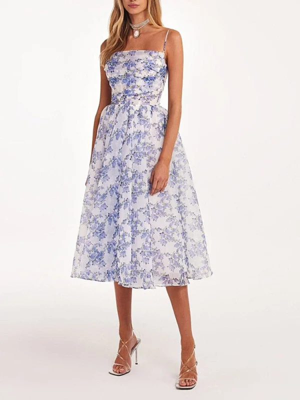 Strap floral print tight A-line midi dress