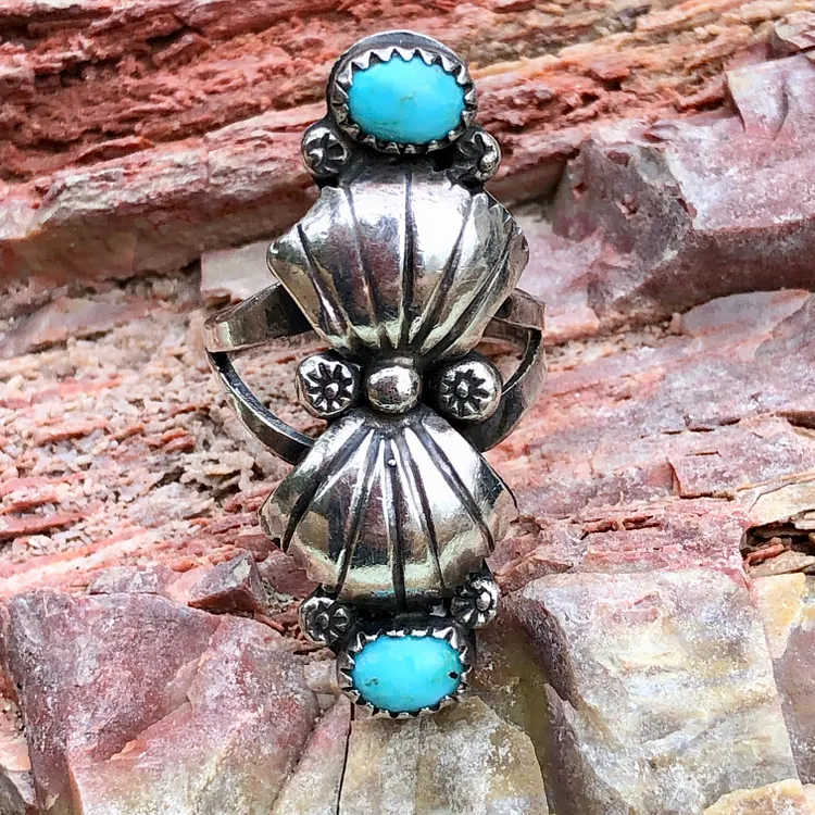 Signed Navajo Double Stone Ring with Fans Size: 8