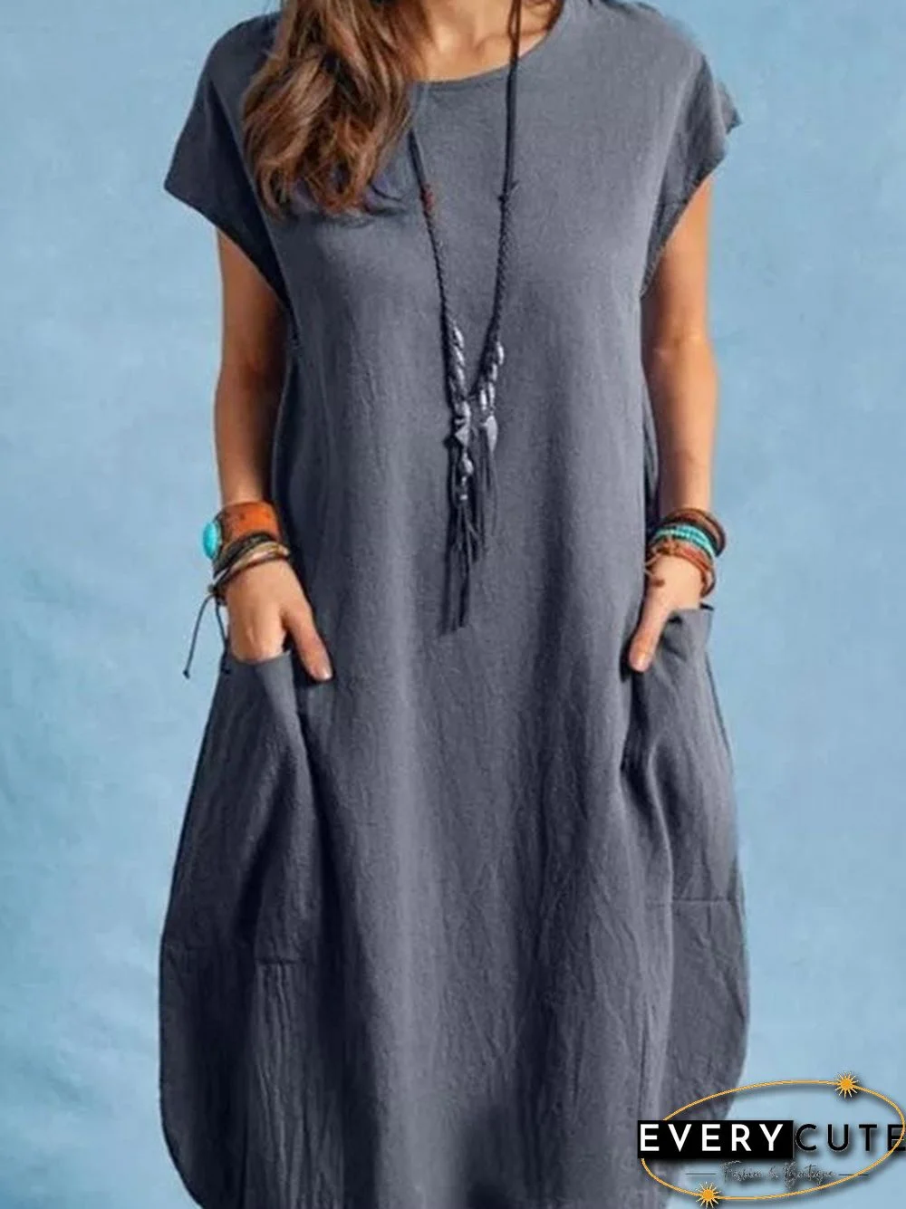 Women'S Dresses Casual Solid Crew Neck Pocket Dress