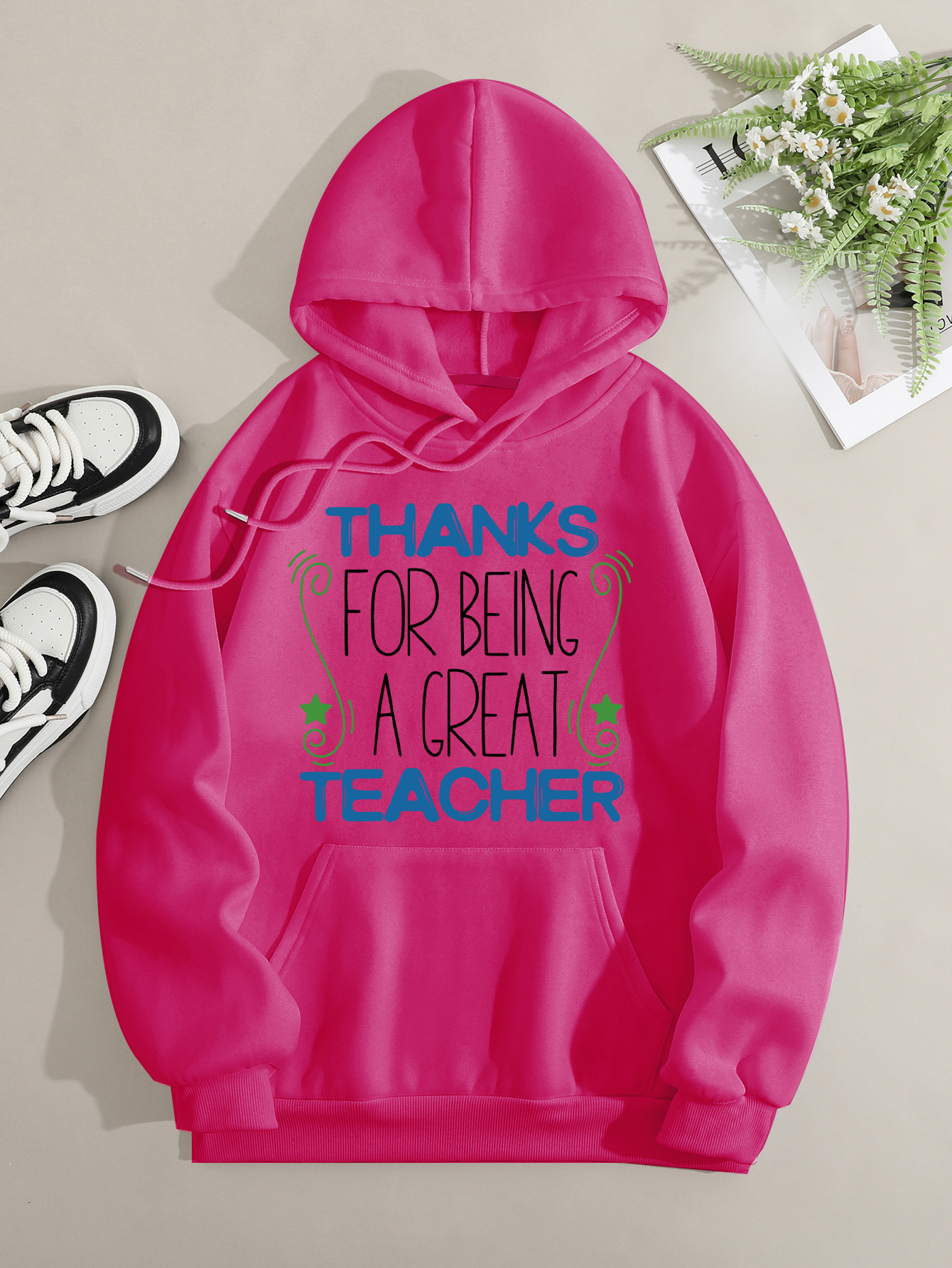 Printed on front Kangaroo Pocket Hoodie Long Sleeve for Women Pattern Thank you teacher