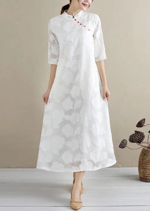 Chic Stand Collar Summer Clothes For Women Work White Cut flowers Loose Dresses