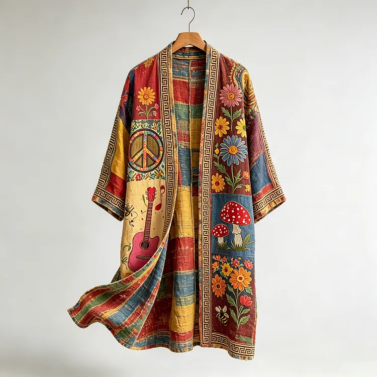 Men's Retro Hippie Peace Music Art Pattern Casual Long Cardigan