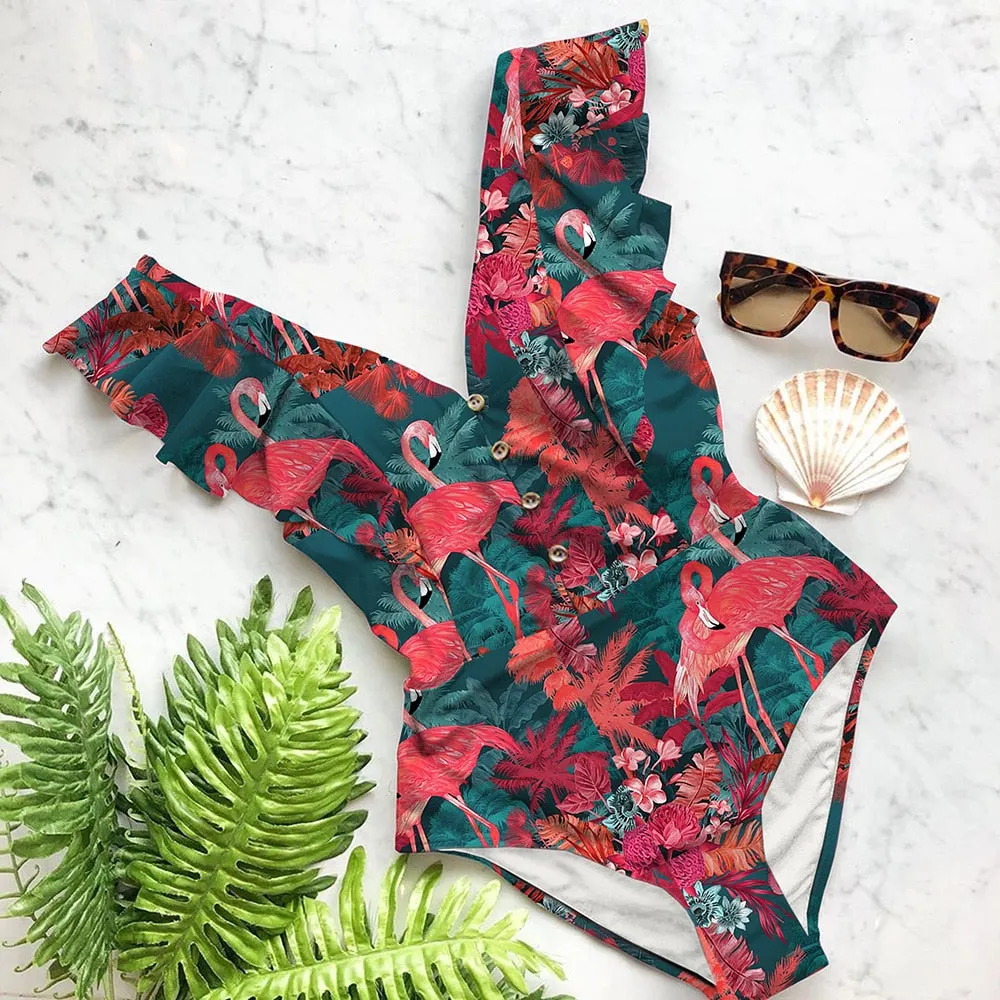 2020 Sexy New Ruffle One Piece Swimsuit Off The Shoulder Swimwear Women Swimsuit Deep-V Bathing Suits Beach Wear Swim Suit