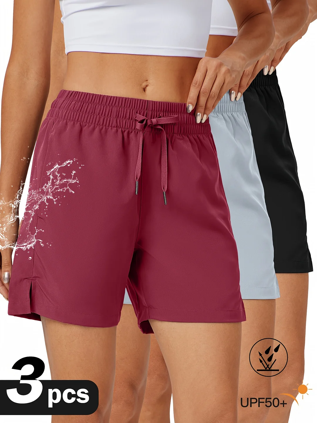 3pcs Women's Lightweight Quick-Dry Athletic Shorts With Pockets - Comfy Drawstring Waist, Casual & Gym Wear, Beige/Black/Dark Gray, Upf 50+ Sun Protection | IFYHOME