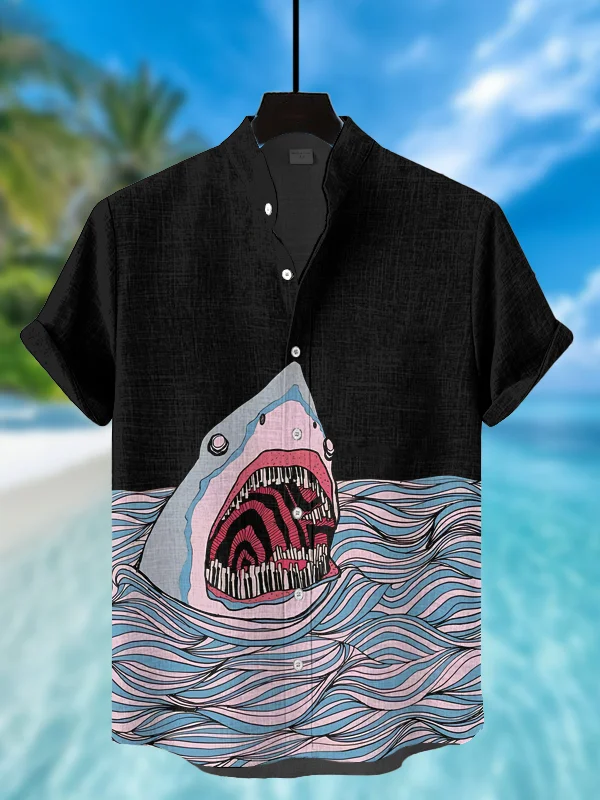 Men'S Abstract Lines Ocean Shark Art Print Short Sleeve Shirt