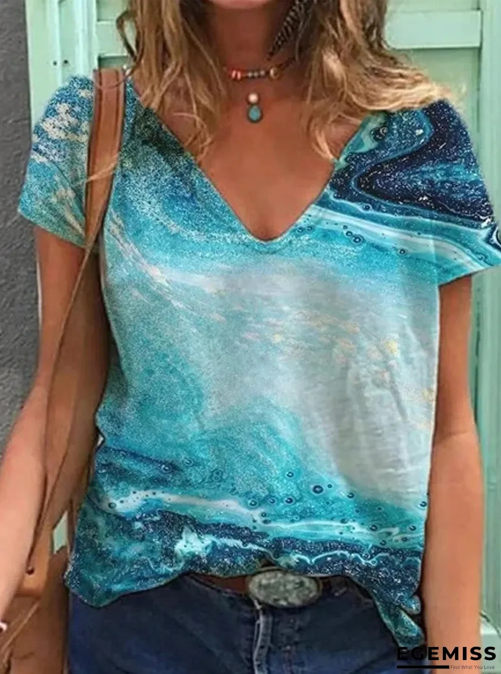 Loose Casual Abstract Print V-Neck Short Sleeve T-Shirt | EGEMISS