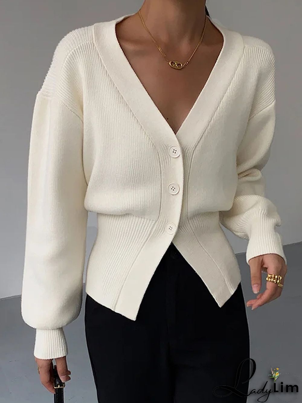 Solid V Neck Slit Knit Cardigan