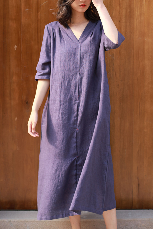 Women's Summer Retro Linen Long Dress Loose 3/4 Sleeve Dress
