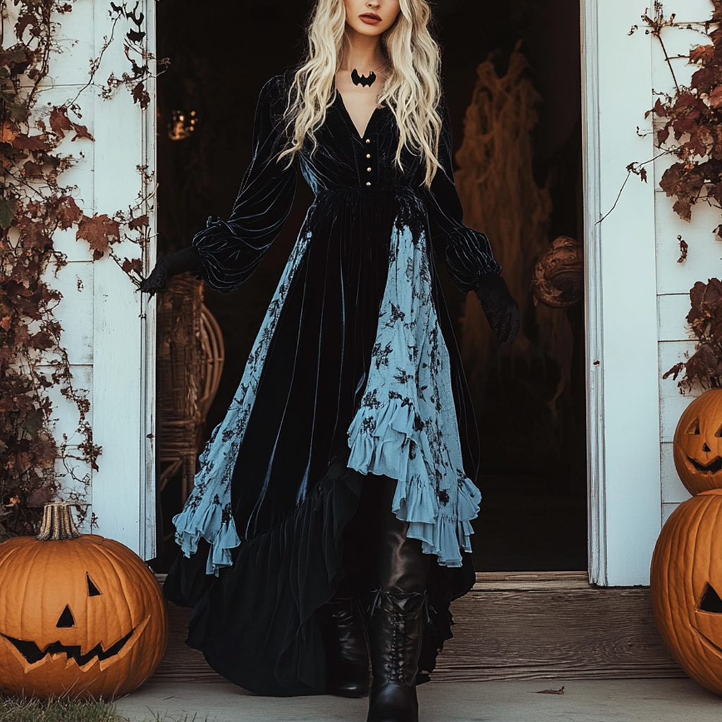 Halloween Party Gothic Witch Velvet Lace Splicing Dress