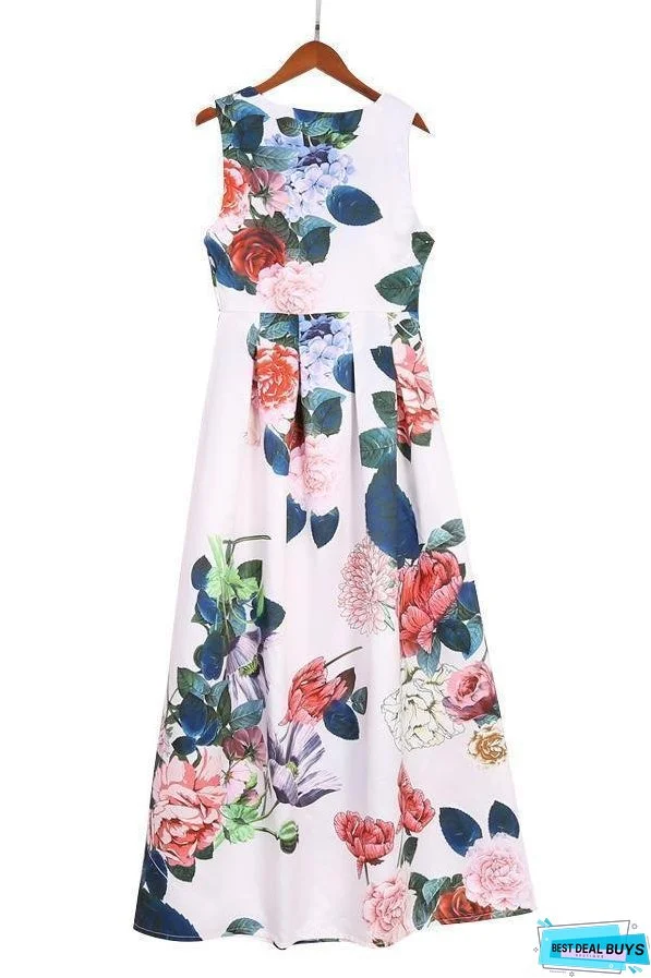 Autumn And Winter Sexy V-Neck Print Sleeveless High Waist Evening Dress