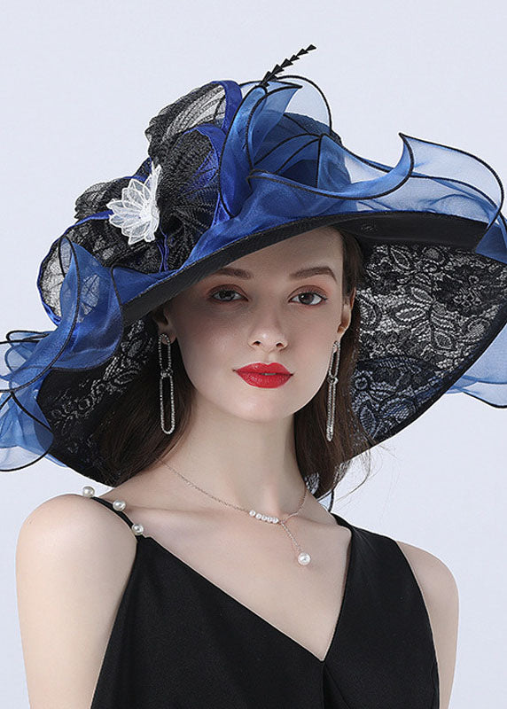 VCSHOES Dark Blue Floral Hollow Out Organza Cloche Hat