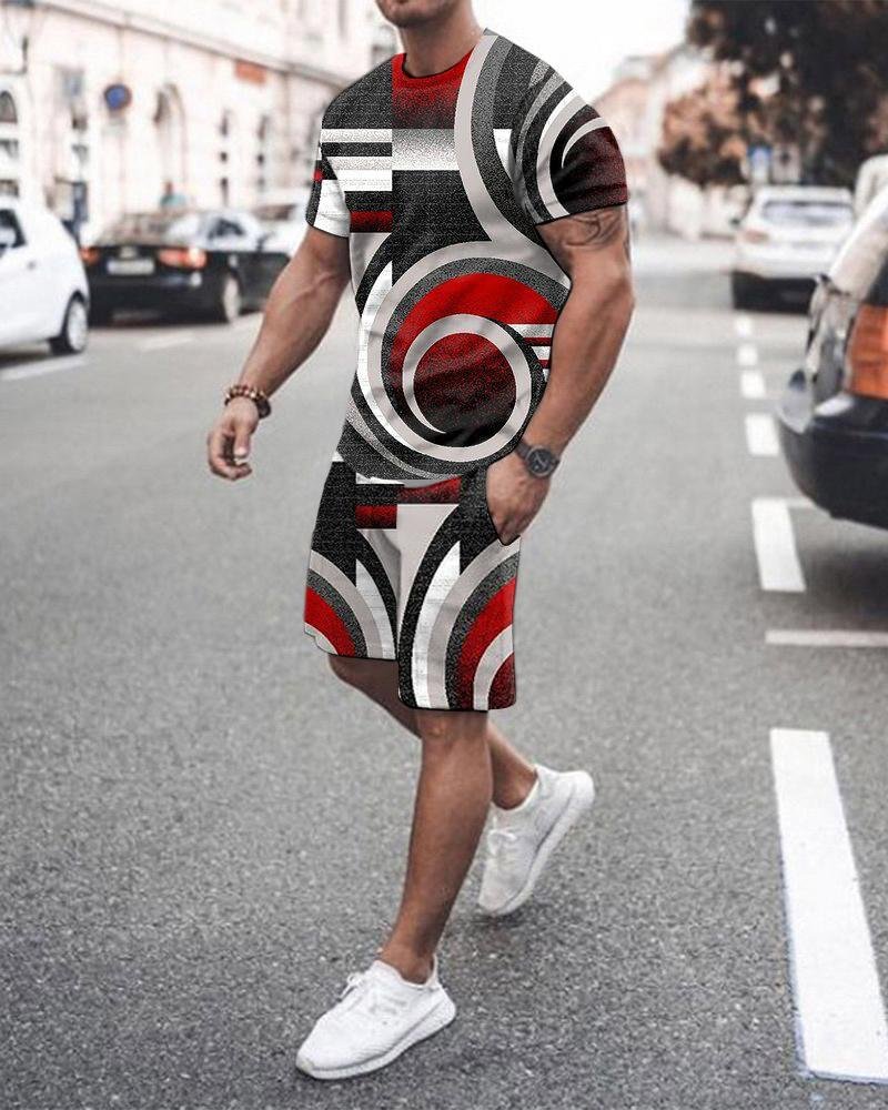 Men's Sports Black-red Abstract Printed Shorts Suit