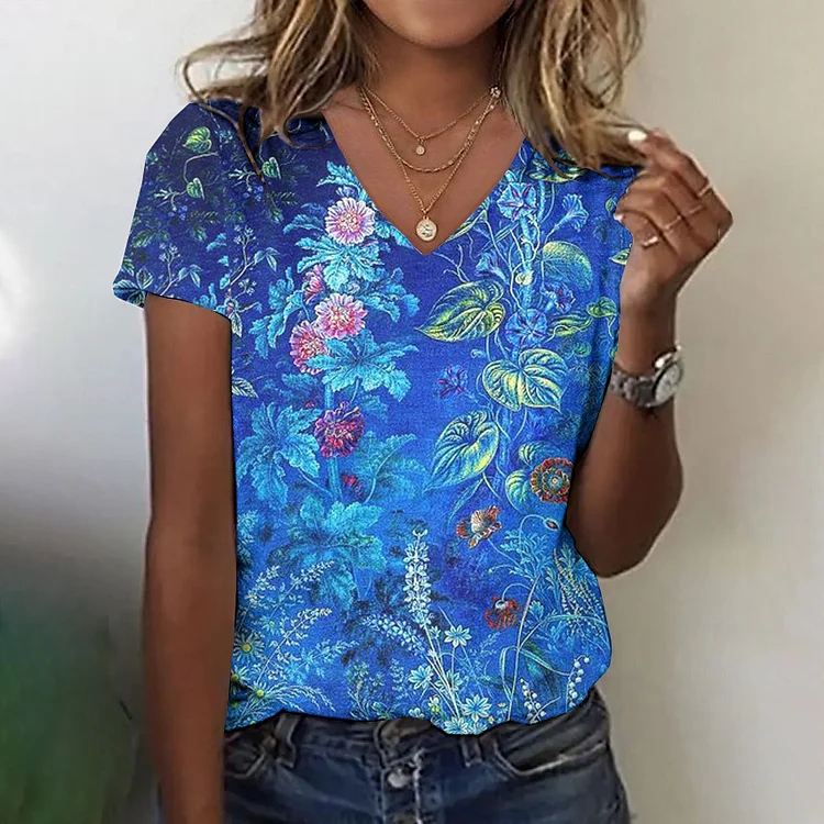 Floral Print V-Neck Short Sleeved T-Shirt