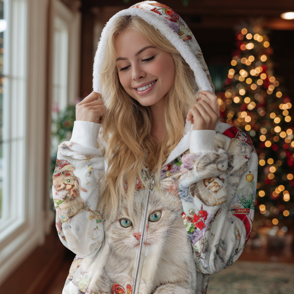 Women's Winter Warm Cute Christmas Cat Design Flannel Sweatshirt Coat elevenforest