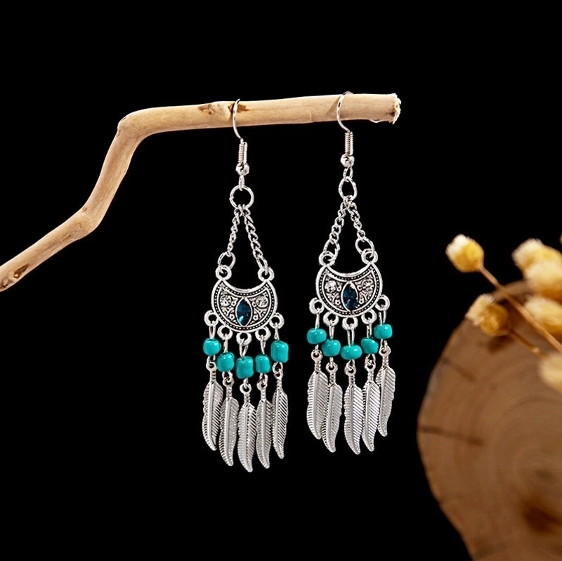 Bohemian Blue Turquoise National Style Earrings Imitation Miao Silver Metal Earrings Vintage Tassel Earrings