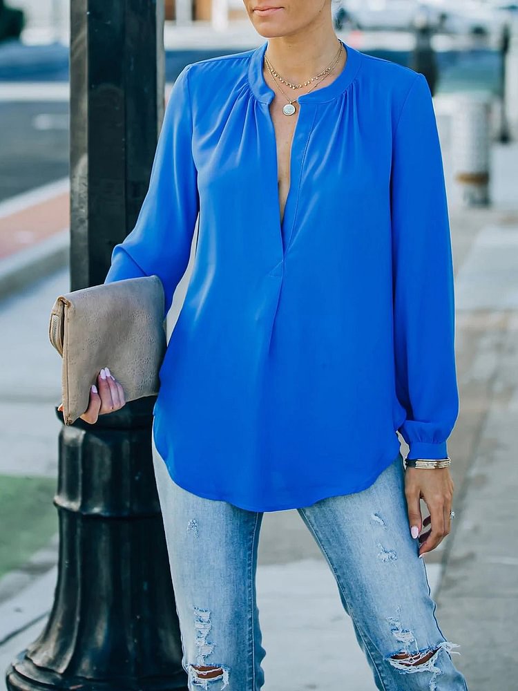 Women's Blouses Loose Solid V-Neck Long Sleeve Blouse