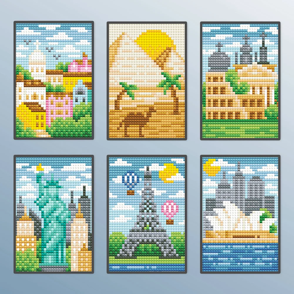 6pcs Scenery DIY Mini Round Diamond Painting for Desktop Decor No Frame(14*19cm)