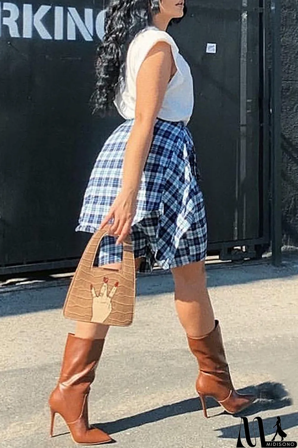 MidiSono - Turquoise Casual Street Plaid Print Bandage Split Joint High Waist Straight Full Print Bottoms