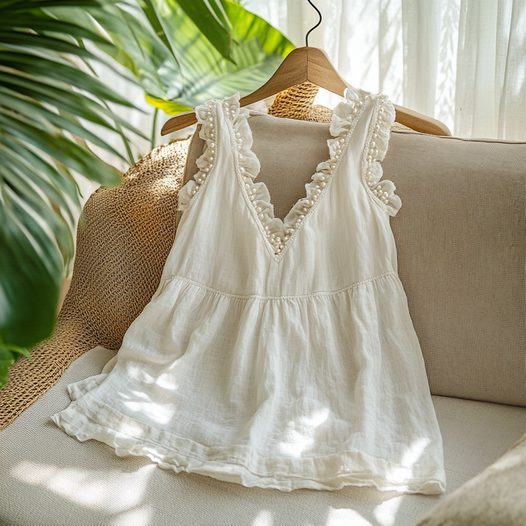  Elegant Pearl-Trimmed Ruffle Tank Top for Summer
